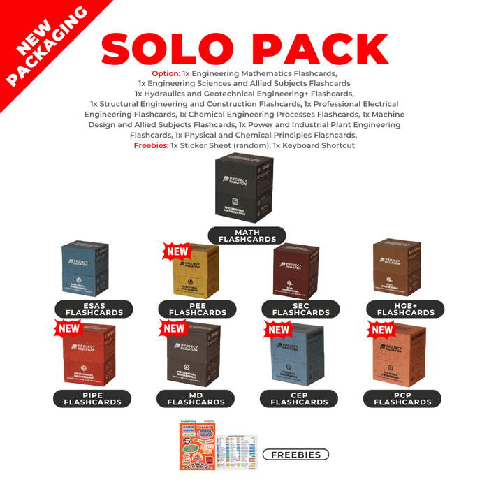 FLASHCARDS SOLO PACK - Engineering Mathematics Flashcards, HGE+ Flashcards, SEC Flashcards, ESAS Flashcards, PEE Flashcards, PIPE Flashcards, MD Flashcards, CEP Flashcards, PCP Flashcards